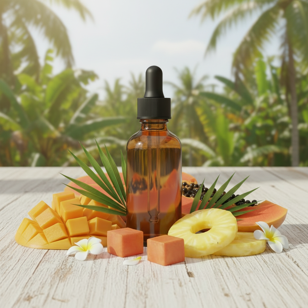 Brun glasflaska med pipett och tropiska frukter utomhus